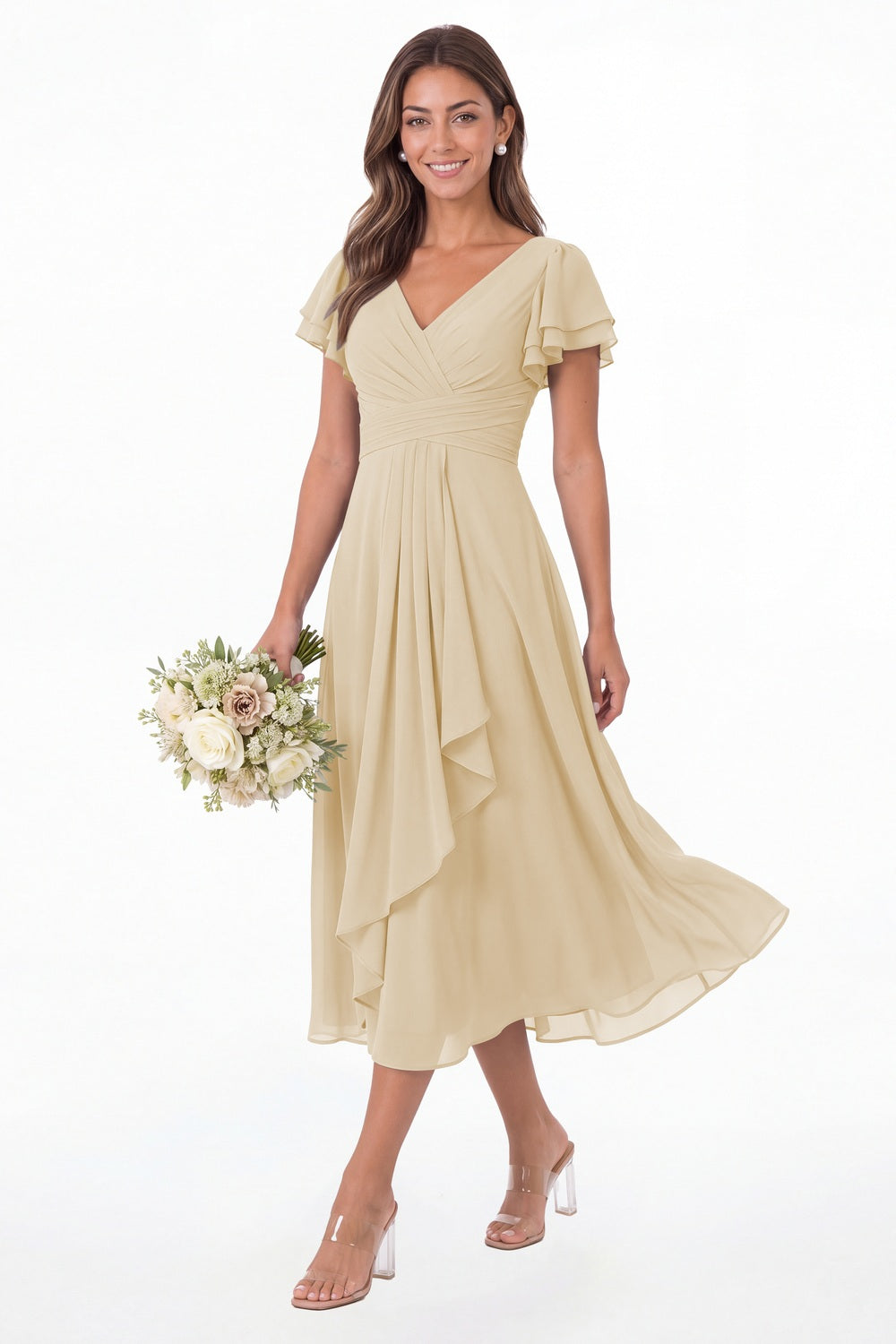 Champagne V Neck Flutter Sleeve Ruffle Chiffon Maxi Dress - Front View