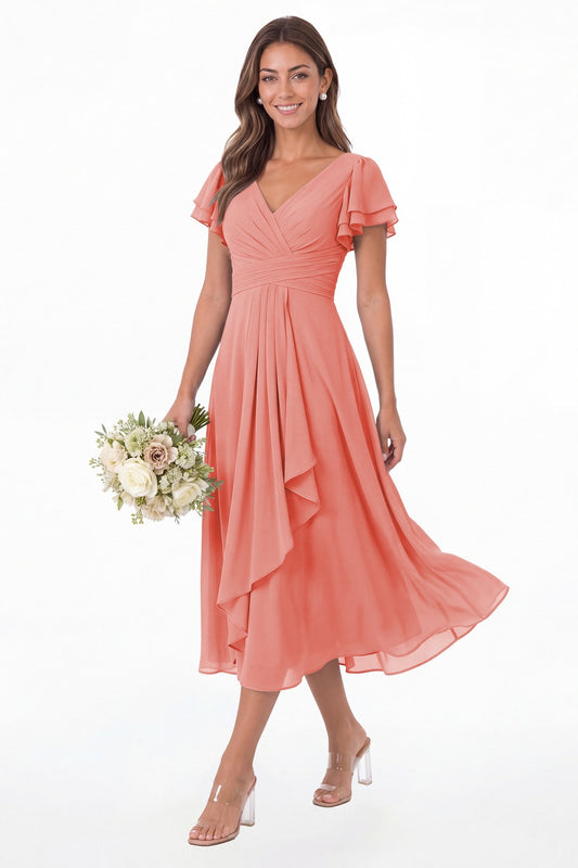 Coral V Neck Flutter Sleeve Ruffle Chiffon Maxi Dress - Front View