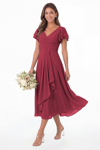 Desert Rose V Neck Flutter Sleeve Ruffle Chiffon Maxi Dress - Front View