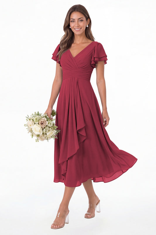 Desert Rose V Neck Flutter Sleeve Ruffle Chiffon Maxi Dress - Front View