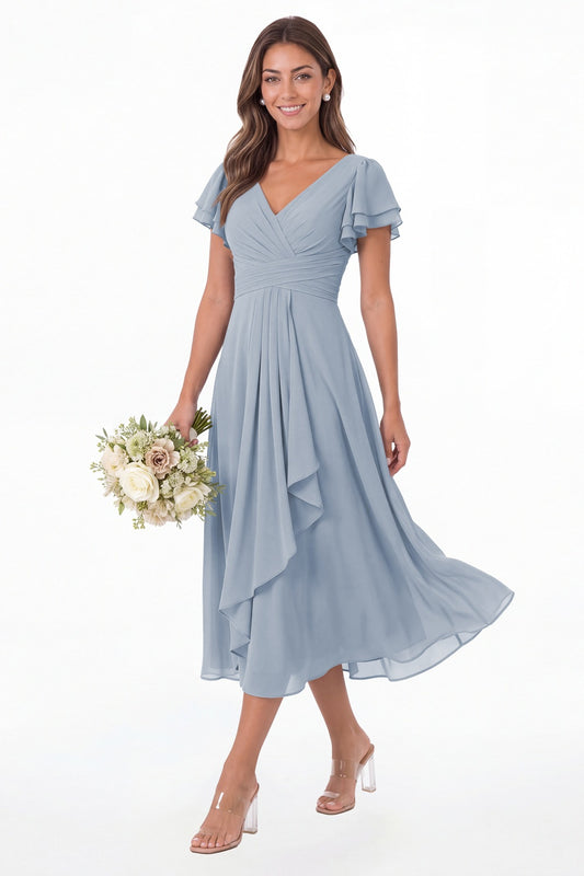 Dusty Blue V Neck Flutter Sleeve Ruffle Chiffon Maxi Dress - Front View