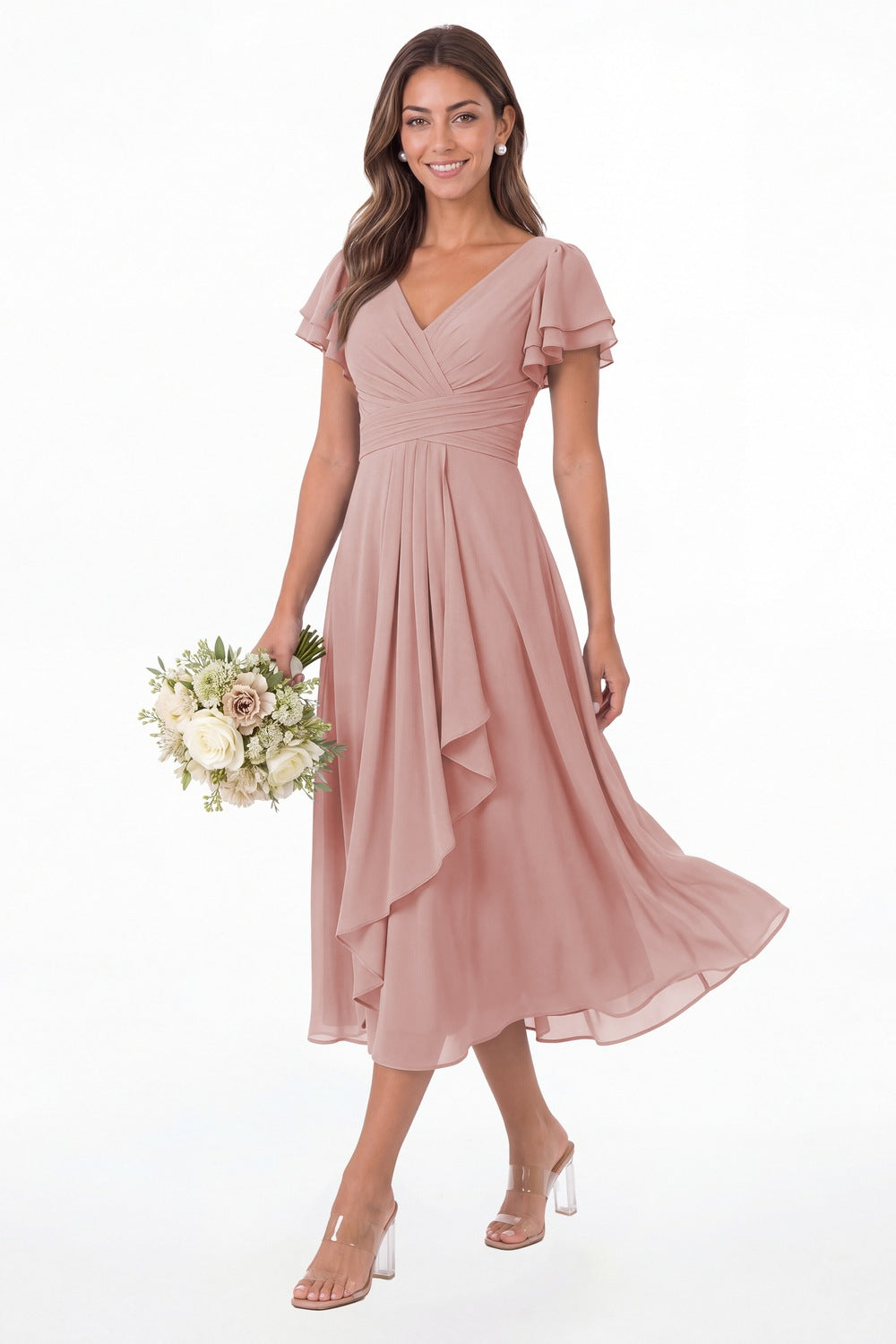 Dusty Rose V Neck Flutter Sleeve Ruffle Chiffon Maxi Dress - Front View