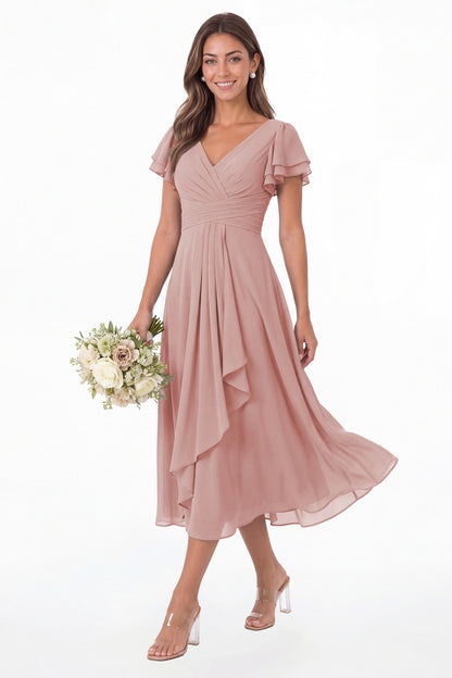 Dusty Rose V Neck Flutter Sleeve Ruffle Chiffon Maxi Dress - Front View
