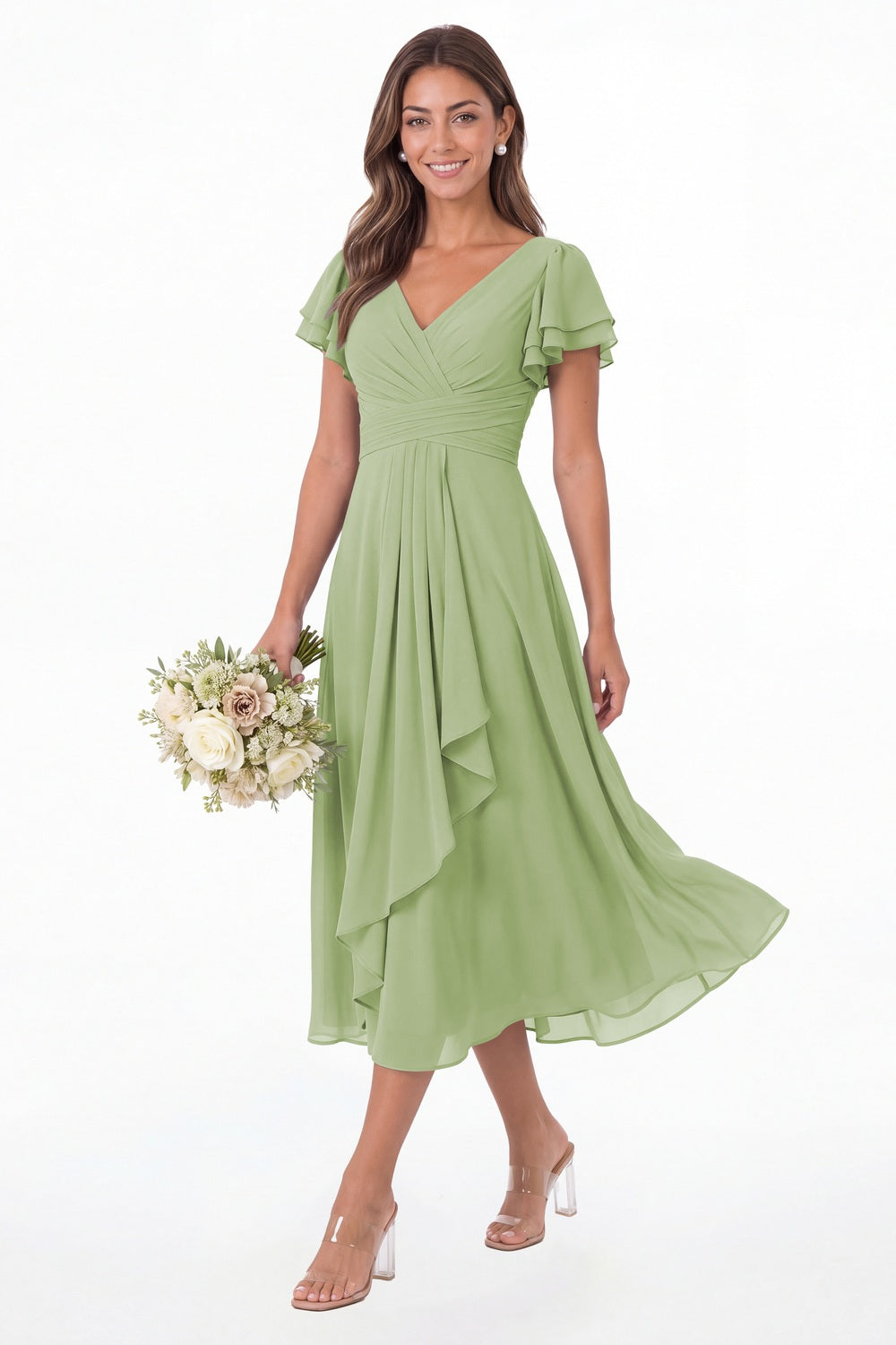 Dusty Sage V Neck Flutter Sleeve Ruffle Chiffon Maxi Dress - Front View