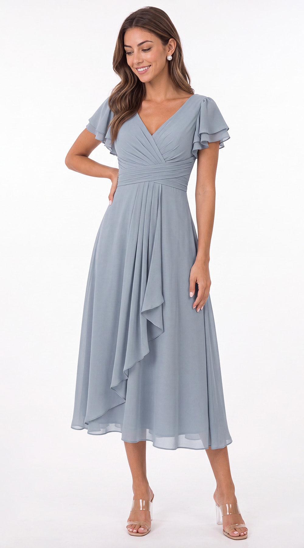 V Neck Flutter Sleeve Ruffle Chiffon Maxi Dress - Detail View 1