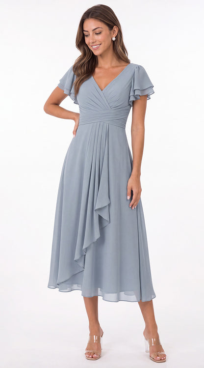 V Neck Flutter Sleeve Ruffle Chiffon Maxi Dress - Detail View 1