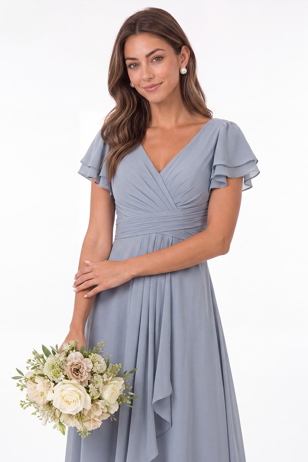 V Neck Flutter Sleeve Ruffle Chiffon Maxi Dress - Detail View 2