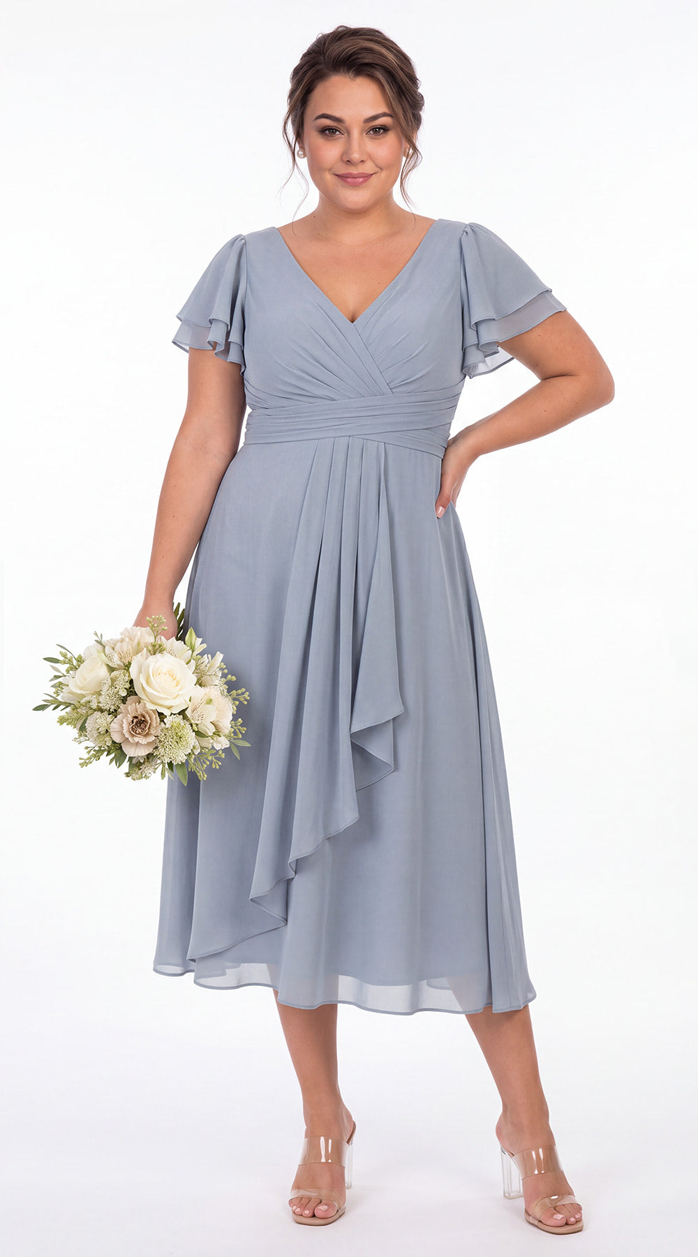 V Neck Flutter Sleeve Ruffle Chiffon Maxi Dress - Detail View 4