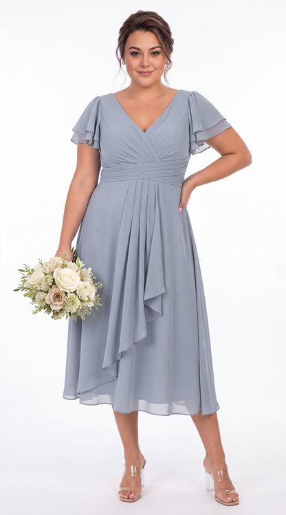 V Neck Flutter Sleeve Ruffle Chiffon Maxi Dress - Detail View 4