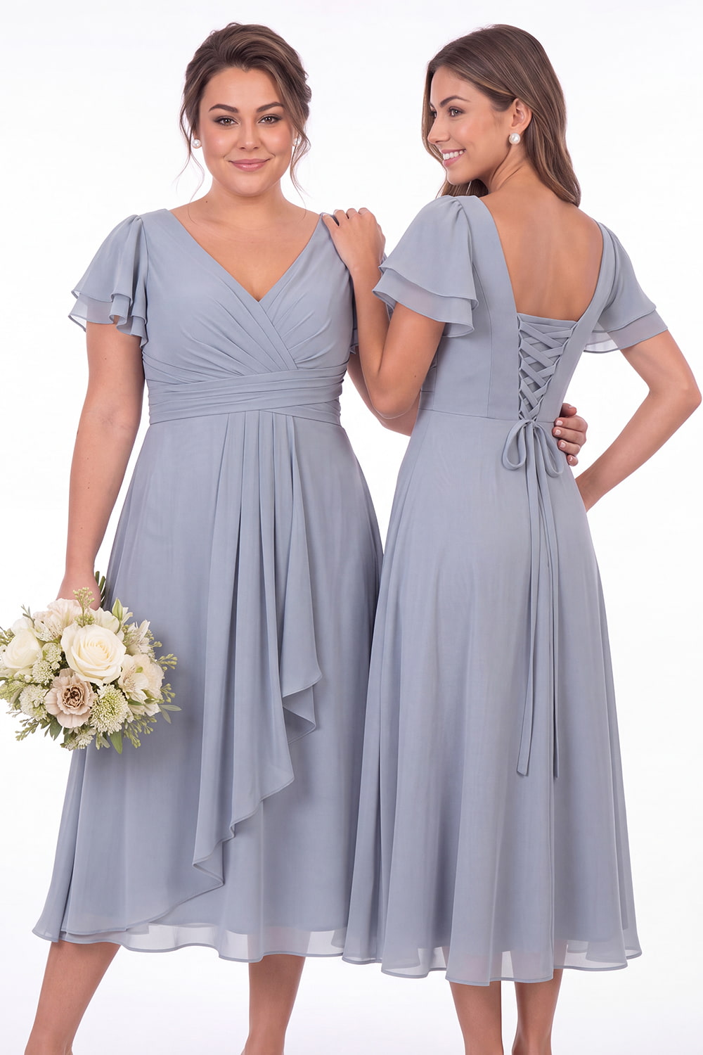 V Neck Flutter Sleeve Ruffle Chiffon Maxi Dress - Detail View 5
