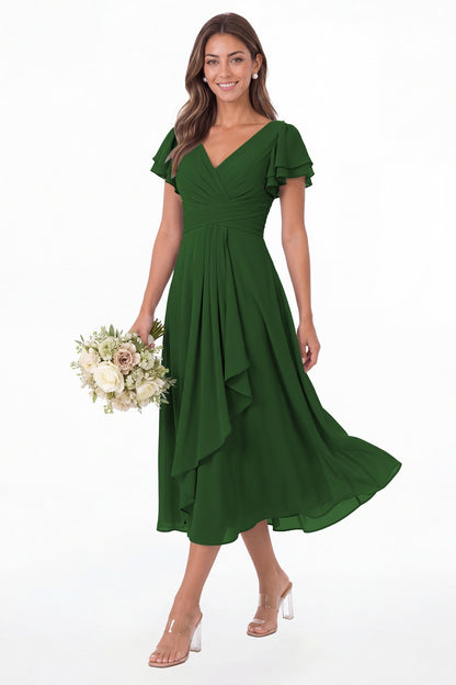 Emerald Green V Neck Flutter Sleeve Ruffle Chiffon Maxi Dress - Front View