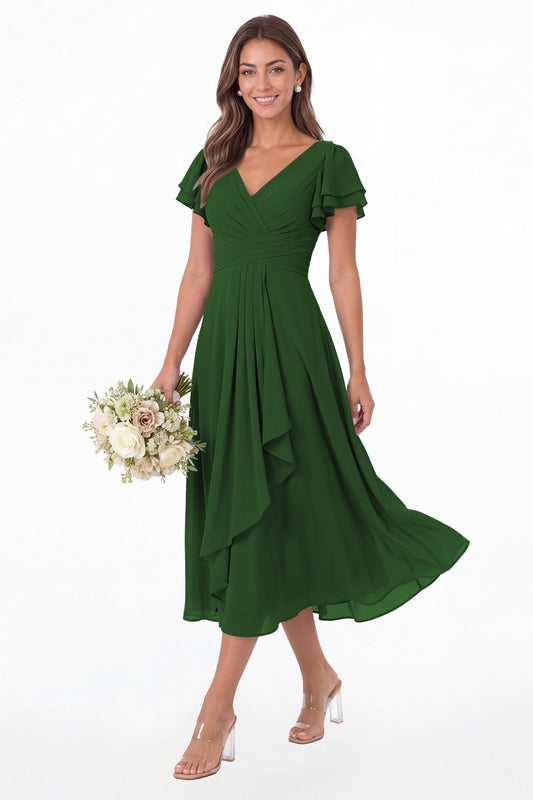 Emerald Green V Neck Flutter Sleeve Ruffle Chiffon Maxi Dress - Front View