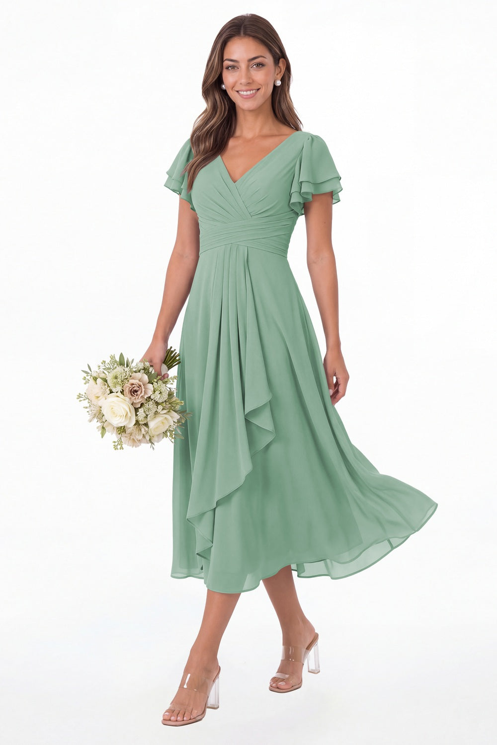 Eucalyptus V Neck Flutter Sleeve Ruffle Chiffon Maxi Dress - Front View
