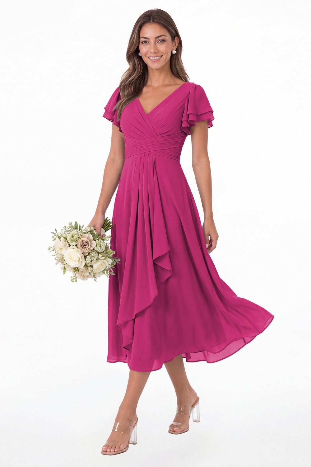 Fuchsia V Neck Flutter Sleeve Ruffle Chiffon Maxi Dress - Front View