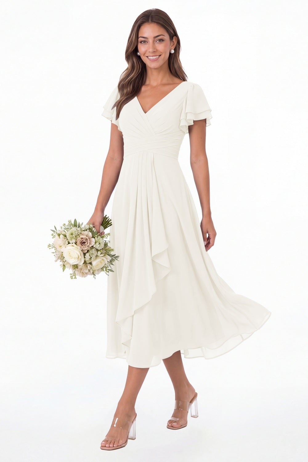 Ivory V Neck Flutter Sleeve Ruffle Chiffon Maxi Dress - Front View