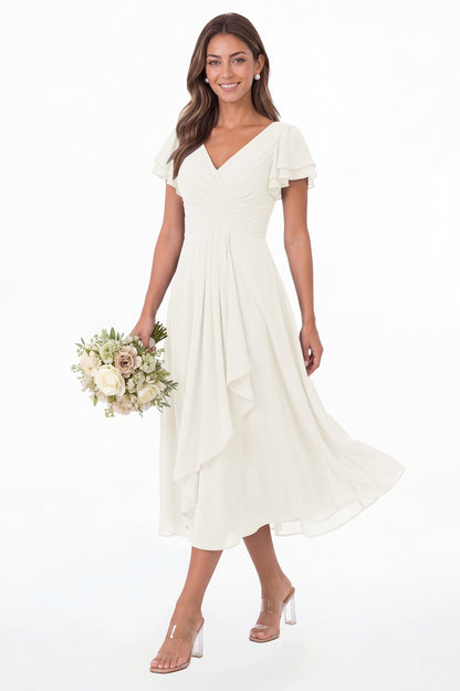 Ivory V Neck Flutter Sleeve Ruffle Chiffon Maxi Dress - Front View