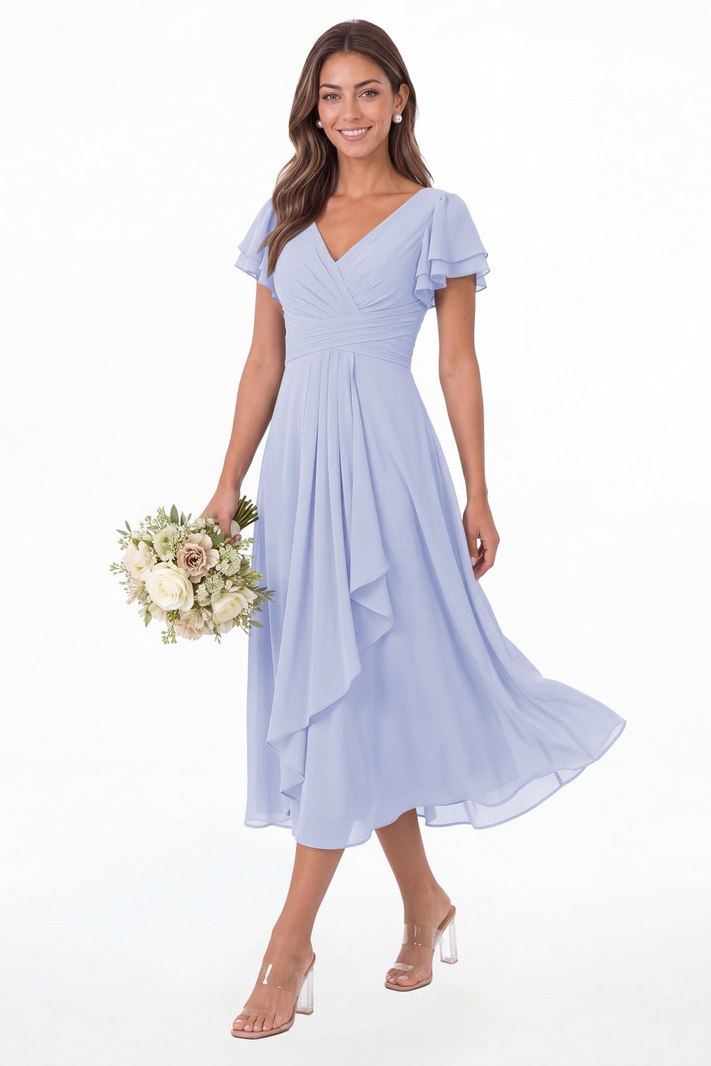Lavender V Neck Flutter Sleeve Ruffle Chiffon Maxi Dress - Front View