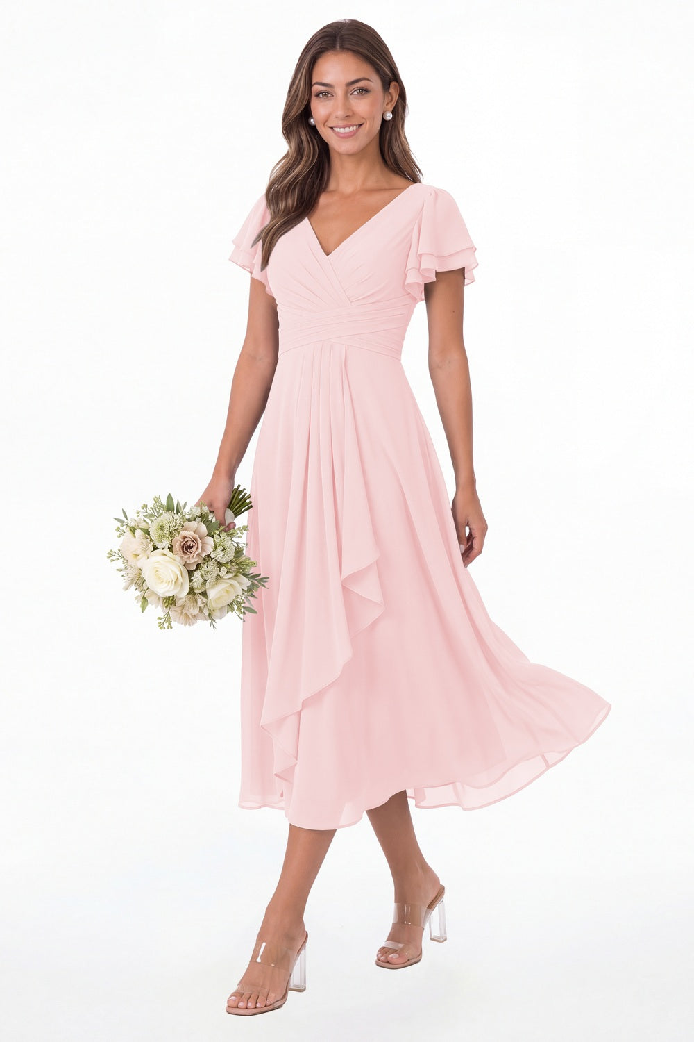 Light Pink V Neck Flutter Sleeve Ruffle Chiffon Maxi Dress - Front View