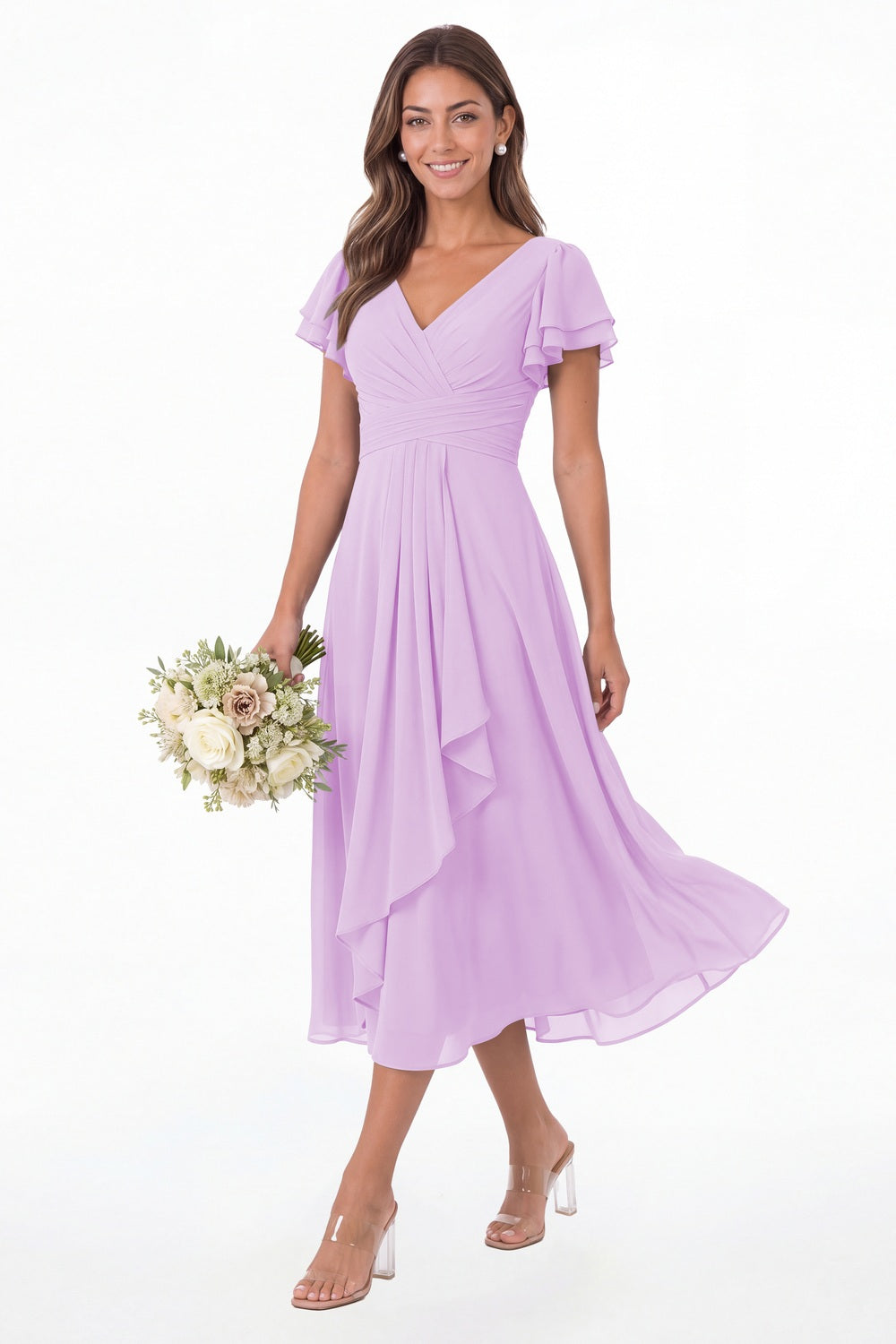 Lilac V Neck Flutter Sleeve Ruffle Chiffon Maxi Dress - Front View