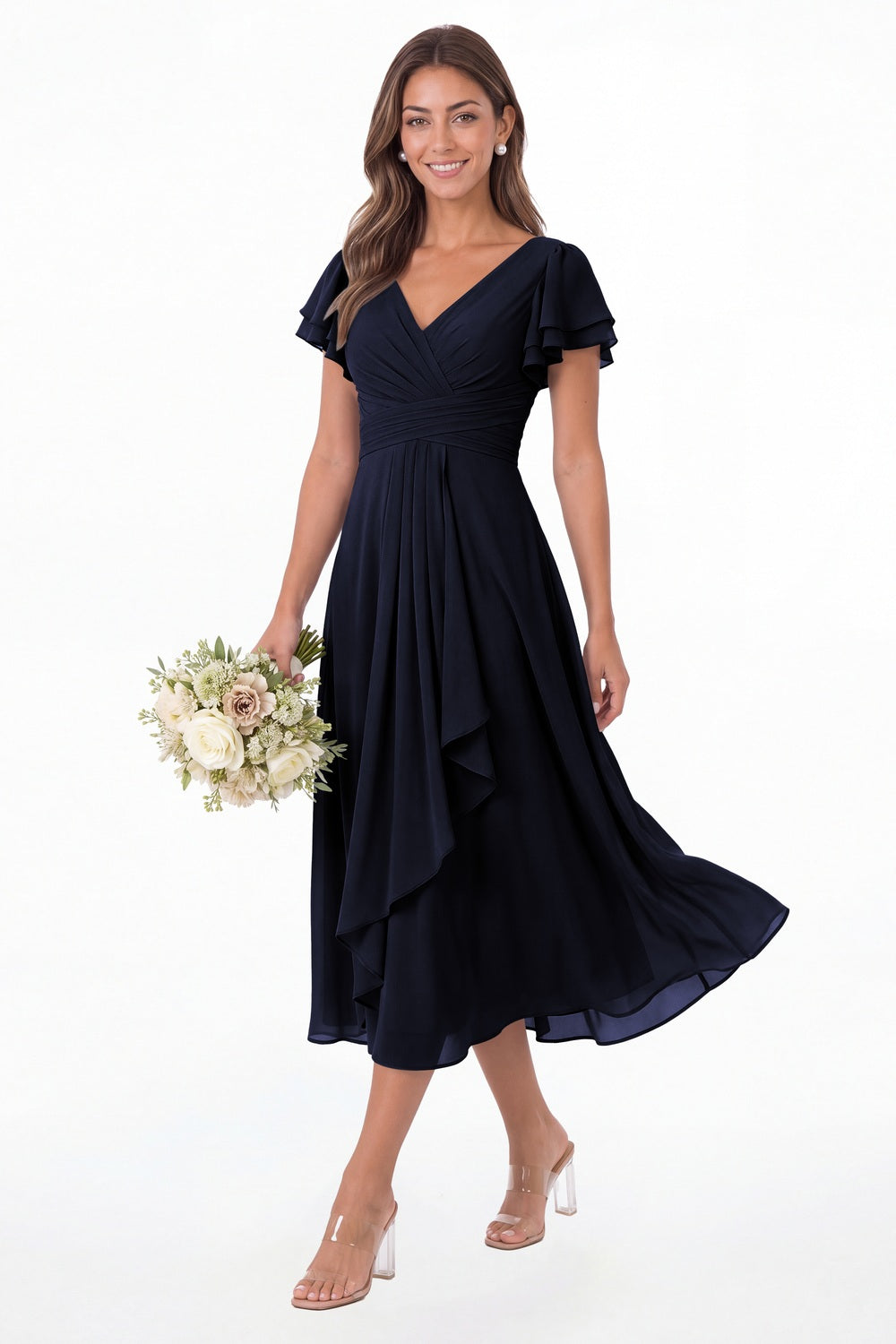 Navy Blue V Neck Flutter Sleeve Ruffle Chiffon Maxi Dress - Front View