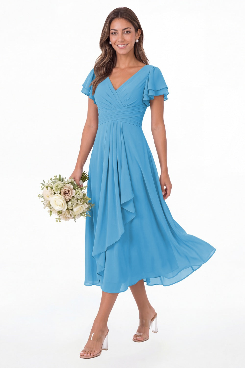 Ocean Blue V Neck Flutter Sleeve Ruffle Chiffon Maxi Dress - Front View