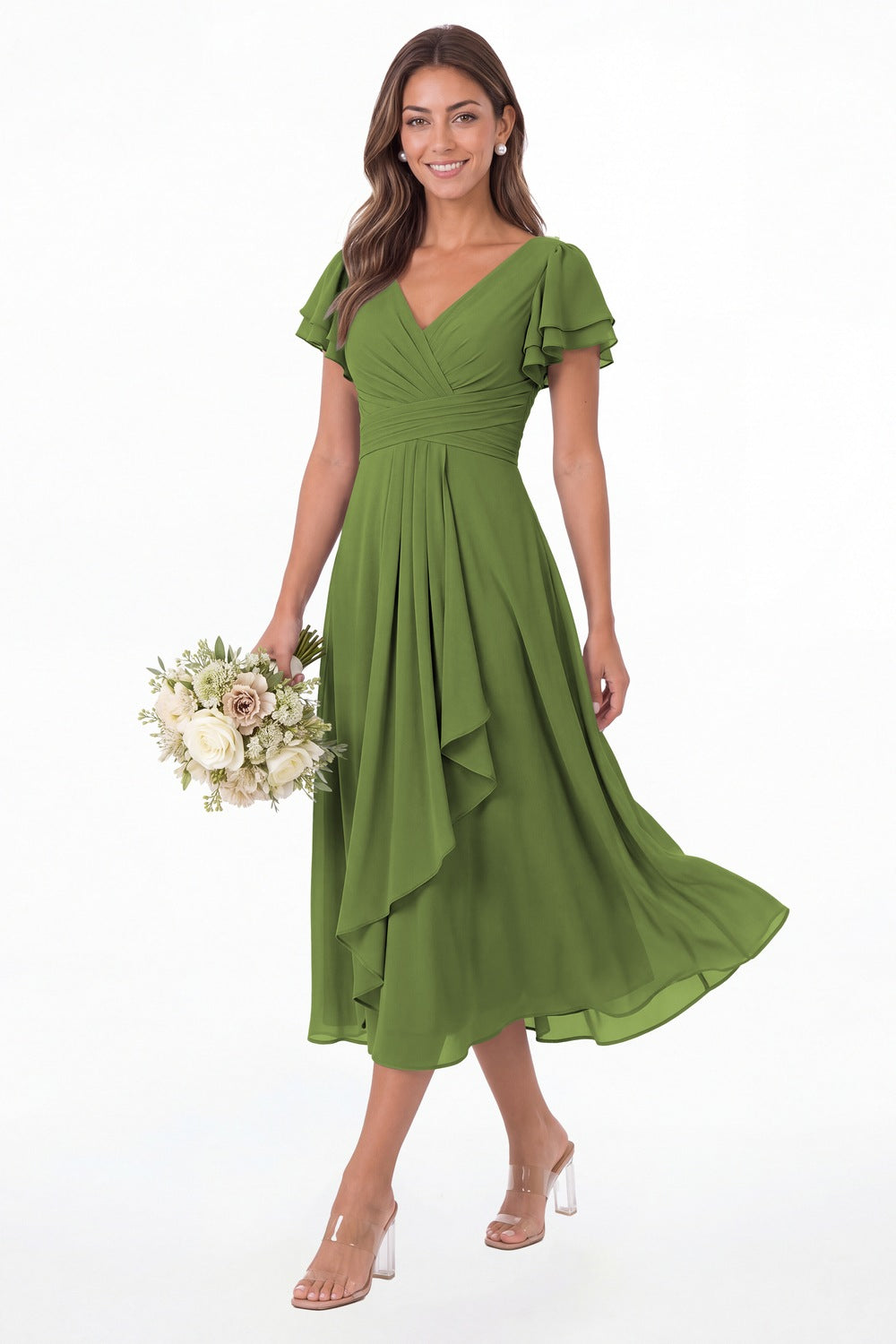 Olive Green V Neck Flutter Sleeve Ruffle Chiffon Maxi Dress - Front View