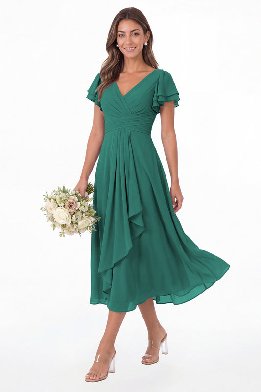 Peacock V Neck Flutter Sleeve Ruffle Chiffon Maxi Dress - Front View
