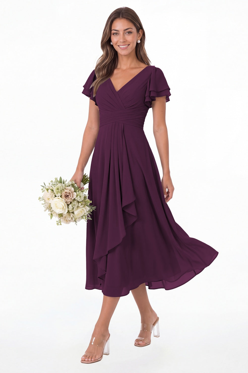 Plum V Neck Flutter Sleeve Ruffle Chiffon Maxi Dress - Front View