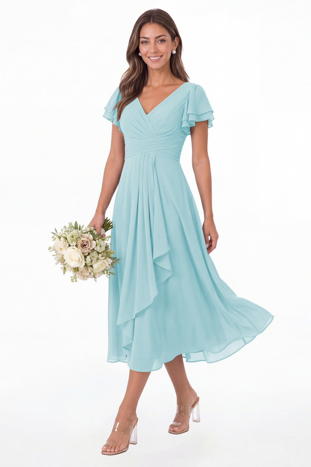 Powder Blue V Neck Flutter Sleeve Ruffle Chiffon Maxi Dress - Front View
