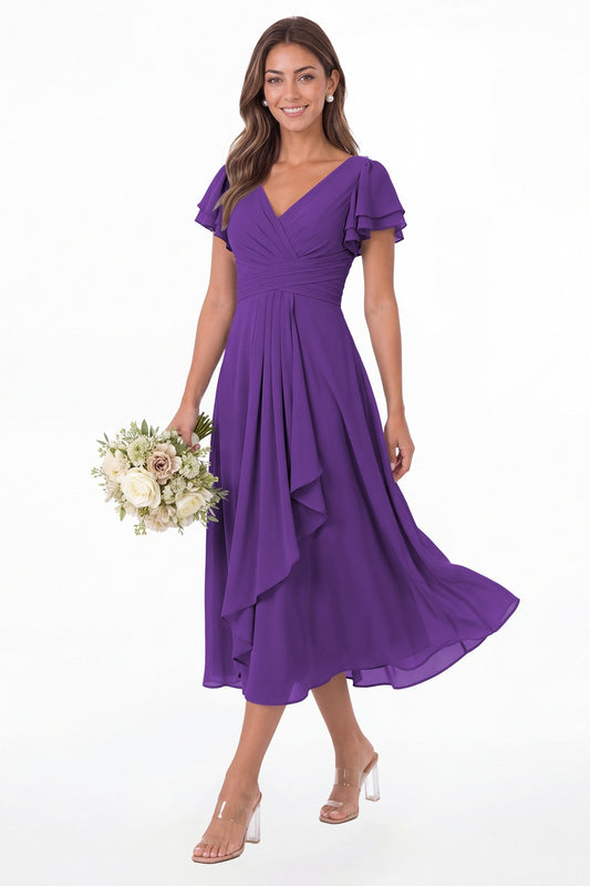 Purple V Neck Flutter Sleeve Ruffle Chiffon Maxi Dress - Front View