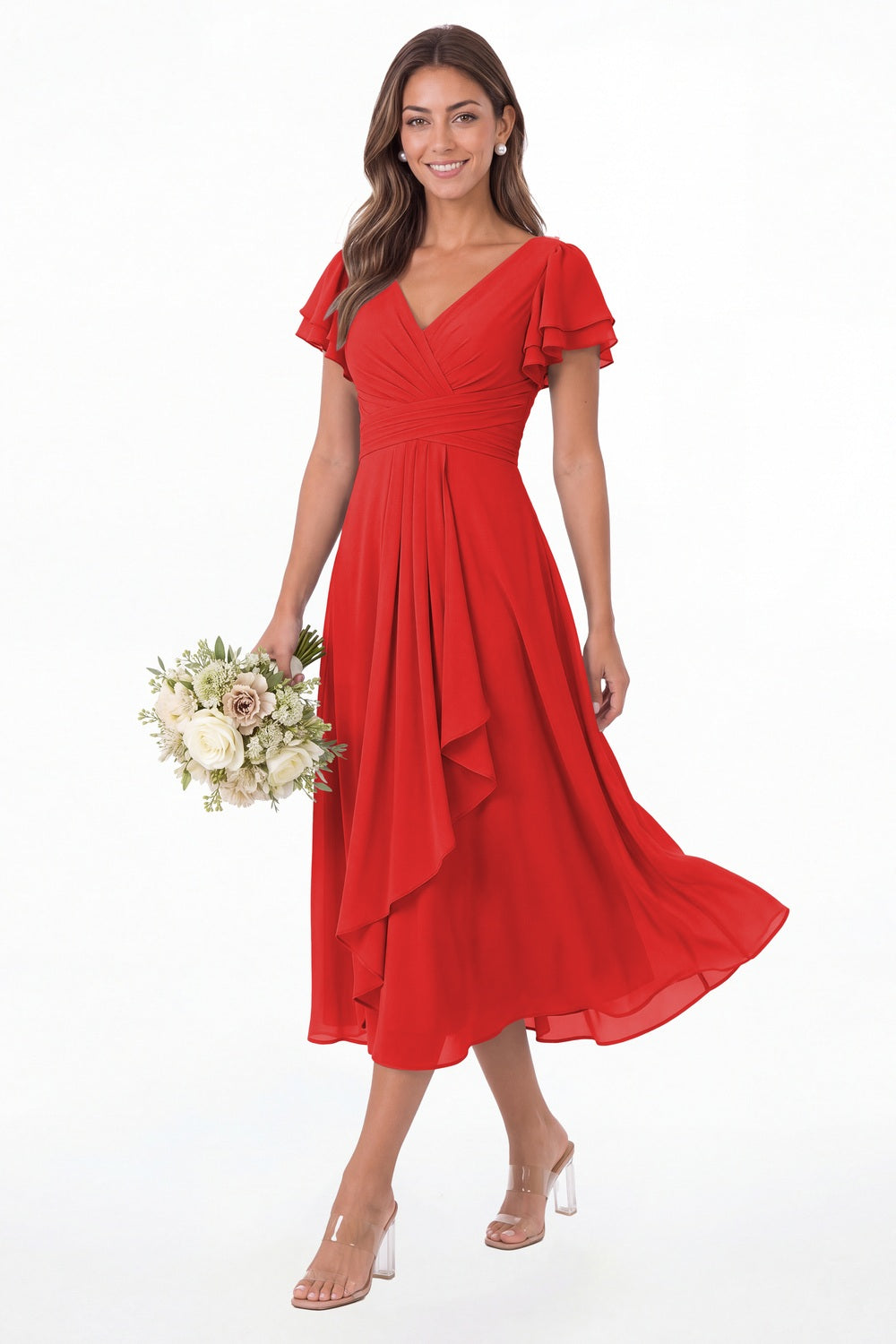 Red V Neck Flutter Sleeve Ruffle Chiffon Maxi Dress - Front View