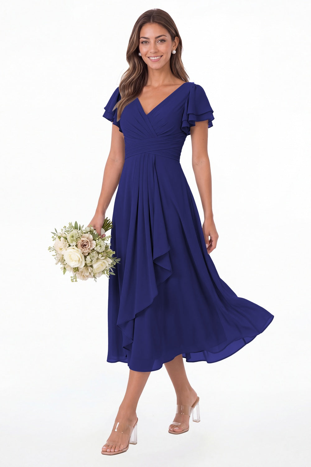 Royal Blue V Neck Flutter Sleeve Ruffle Chiffon Maxi Dress - Front View