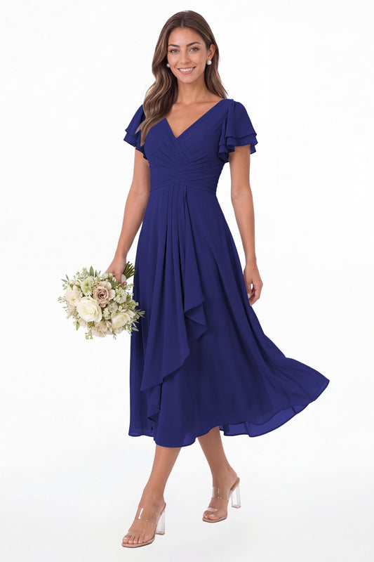 Royal Blue V Neck Flutter Sleeve Ruffle Chiffon Maxi Dress - Front View