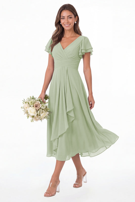 Sage Green V Neck Flutter Sleeve Ruffle Chiffon Maxi Dress - Front View