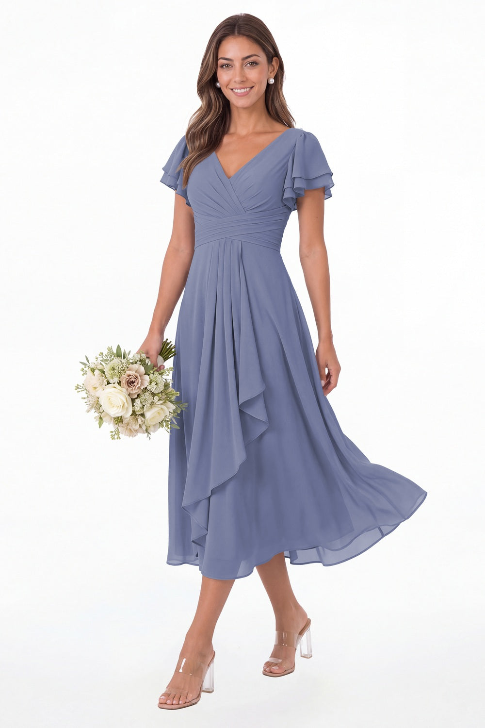 Steel Blue V Neck Flutter Sleeve Ruffle Chiffon Maxi Dress - Front View