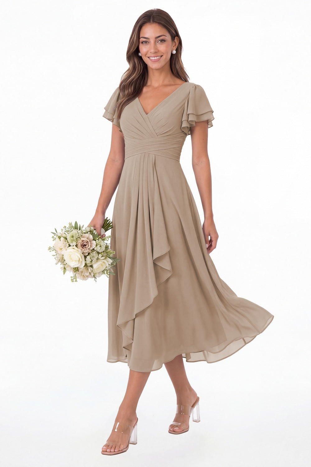 Taupe V Neck Flutter Sleeve Ruffle Chiffon Maxi Dress - Front View