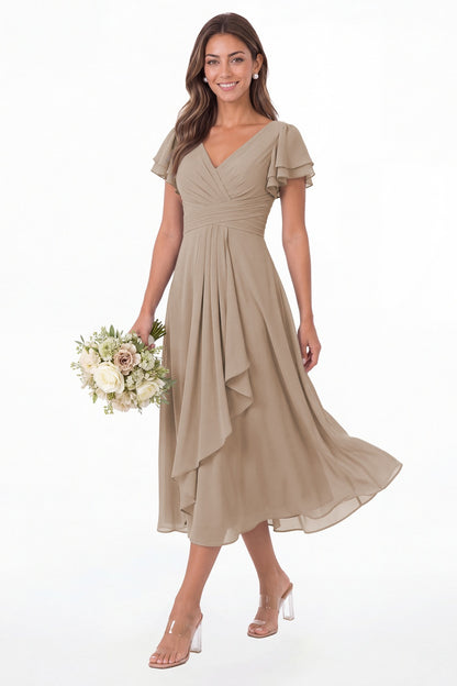 Taupe V Neck Flutter Sleeve Ruffle Chiffon Maxi Dress - Front View