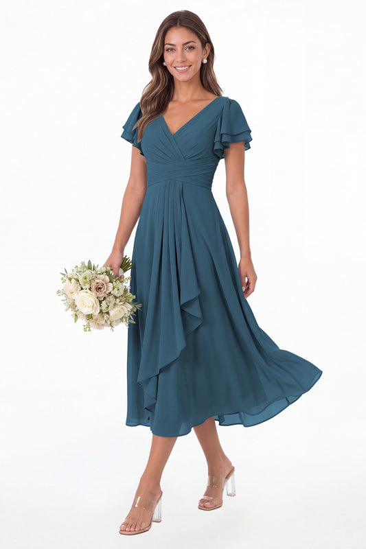Teal V Neck Flutter Sleeve Ruffle Chiffon Maxi Dress - Front View