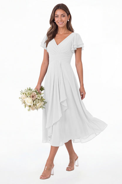 White V Neck Flutter Sleeve Ruffle Chiffon Maxi Dress - Front View