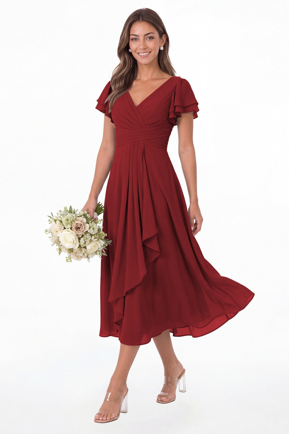 Wine Red V Neck Flutter Sleeve Ruffle Chiffon Maxi Dress - Front View
