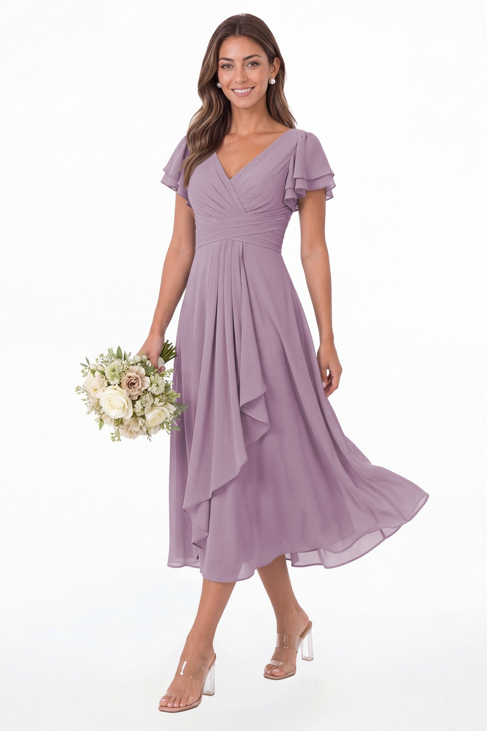 Wisteria V Neck Flutter Sleeve Ruffle Chiffon Maxi Dress - Front View