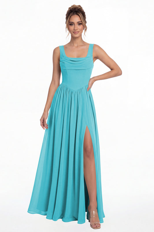 Aqua Blue Square Neck Chiffon Slit Maxi Gown - Front View