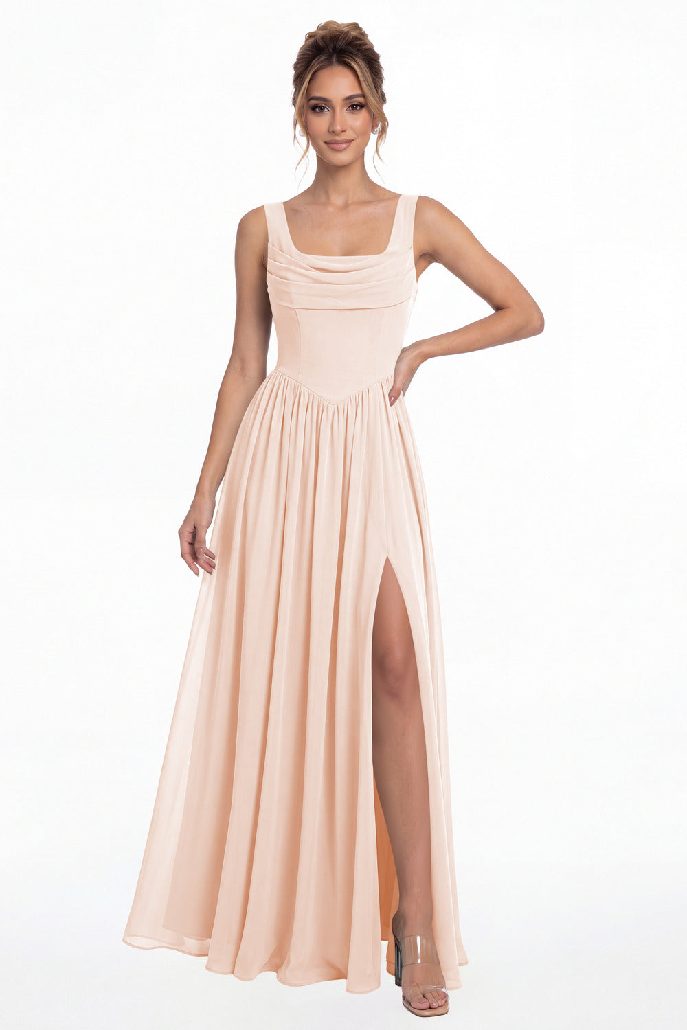 Blush Pink Square Neck Chiffon Slit Maxi Gown - Front View