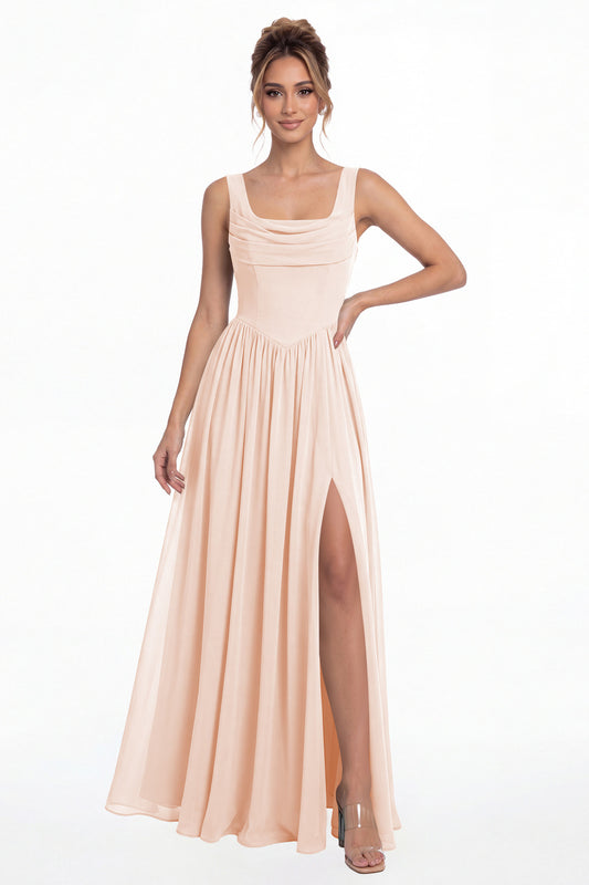 Blush Pink Square Neck Chiffon Slit Maxi Gown - Front View