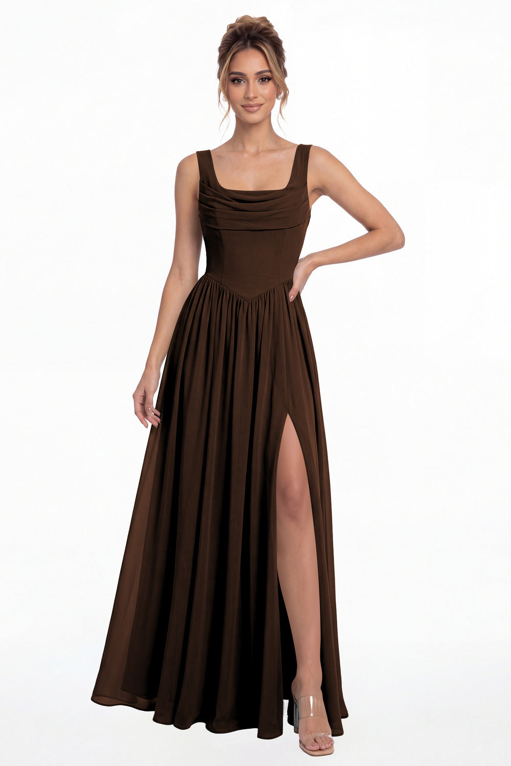 Brown Square Neck Chiffon Slit Maxi Gown - Front View