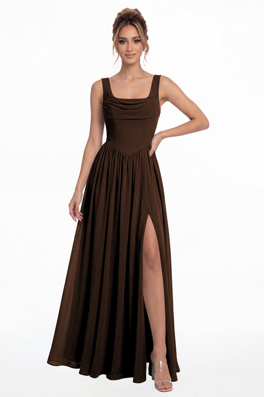 Brown Square Neck Chiffon Slit Maxi Gown - Front View