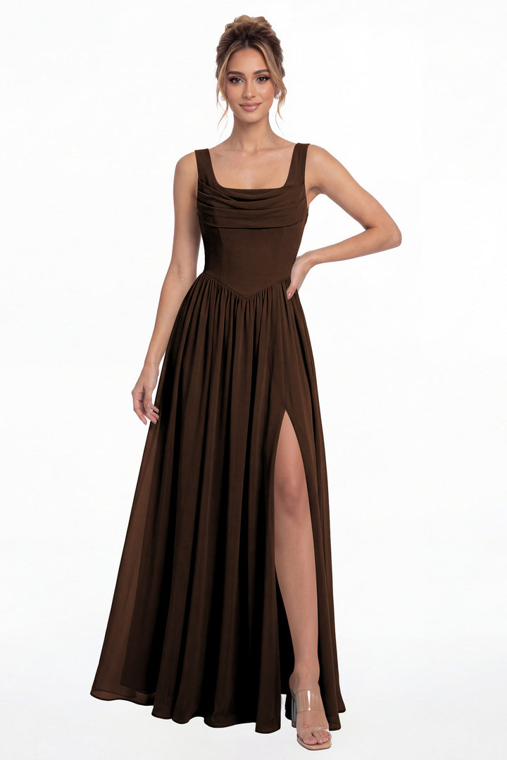Brown Square Neck Chiffon Slit Maxi Gown - Front View