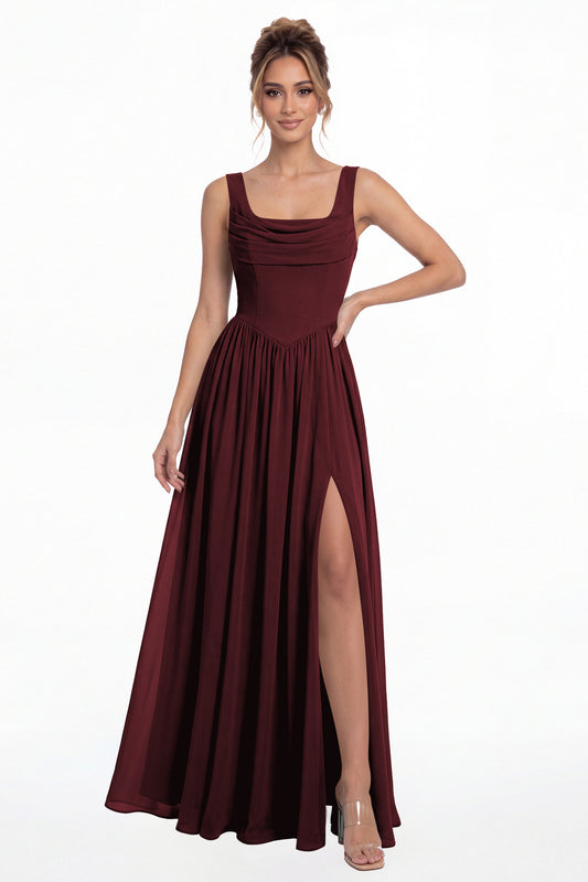 Burgundy Square Neck Chiffon Slit Maxi Gown - Front View