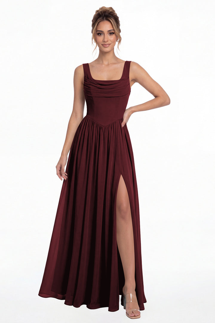 Burgundy Square Neck Chiffon Slit Maxi Gown - Front View