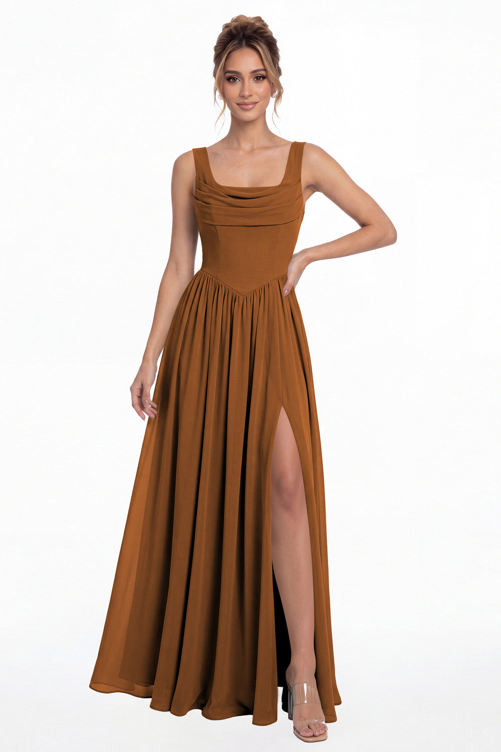 Burnt Orange Square Neck Chiffon Slit Maxi Gown - Front View
